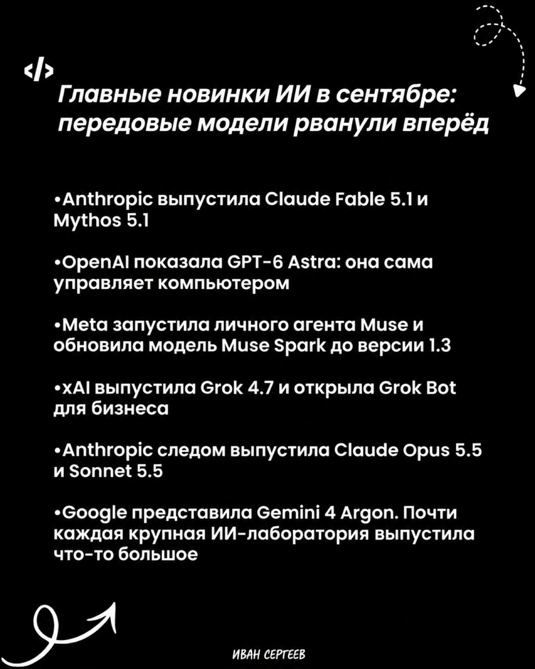Слайд карусели «Главные новинки ИИ в сентябре»: шесть пунктов про Anthropic, OpenAI, Meta, xAI и Google