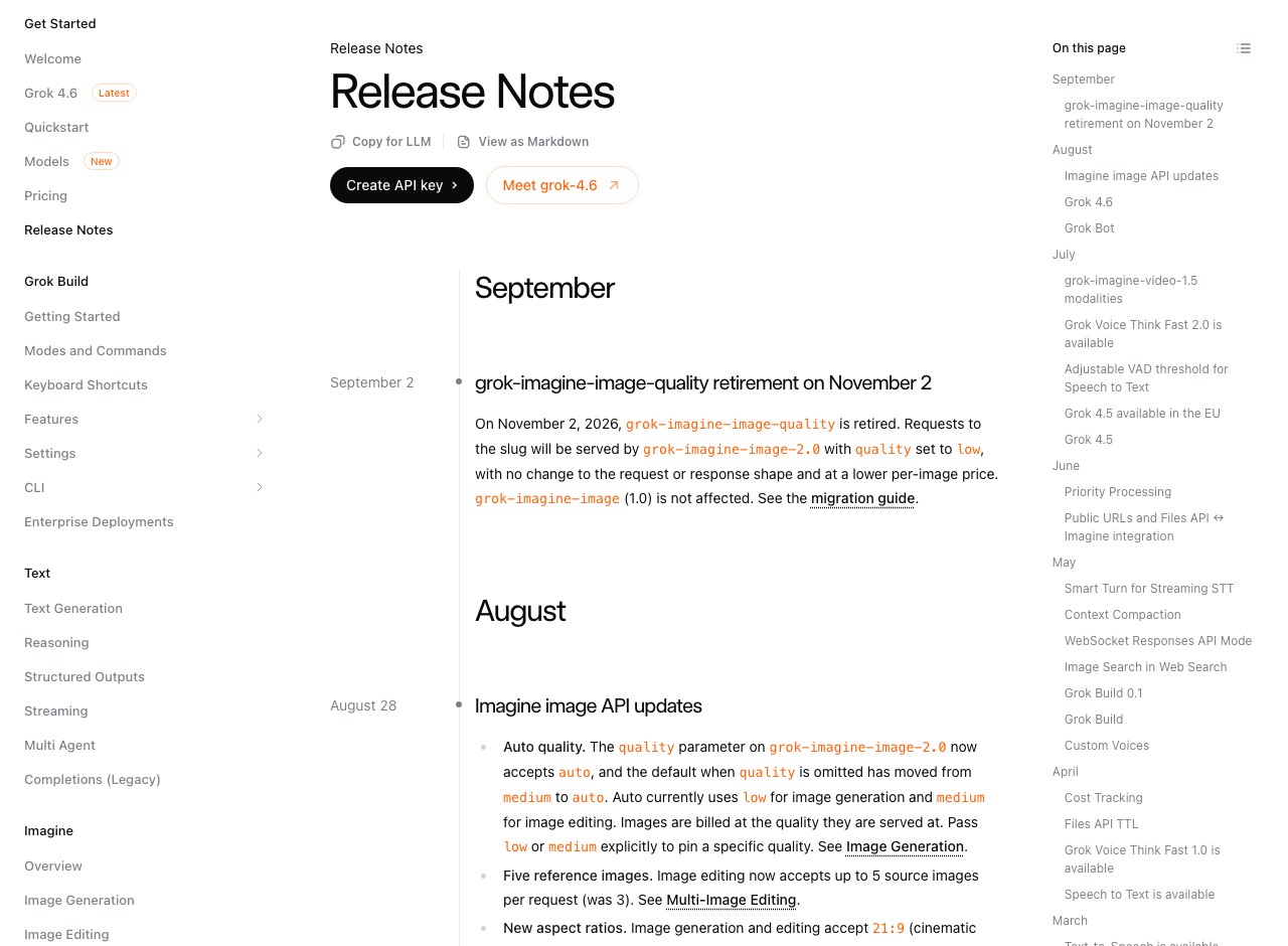 Официальная документация xAI с релизами Grok 4.5 и Grok 4.6 в разделе release notes, даты 8 июля и 12 августа