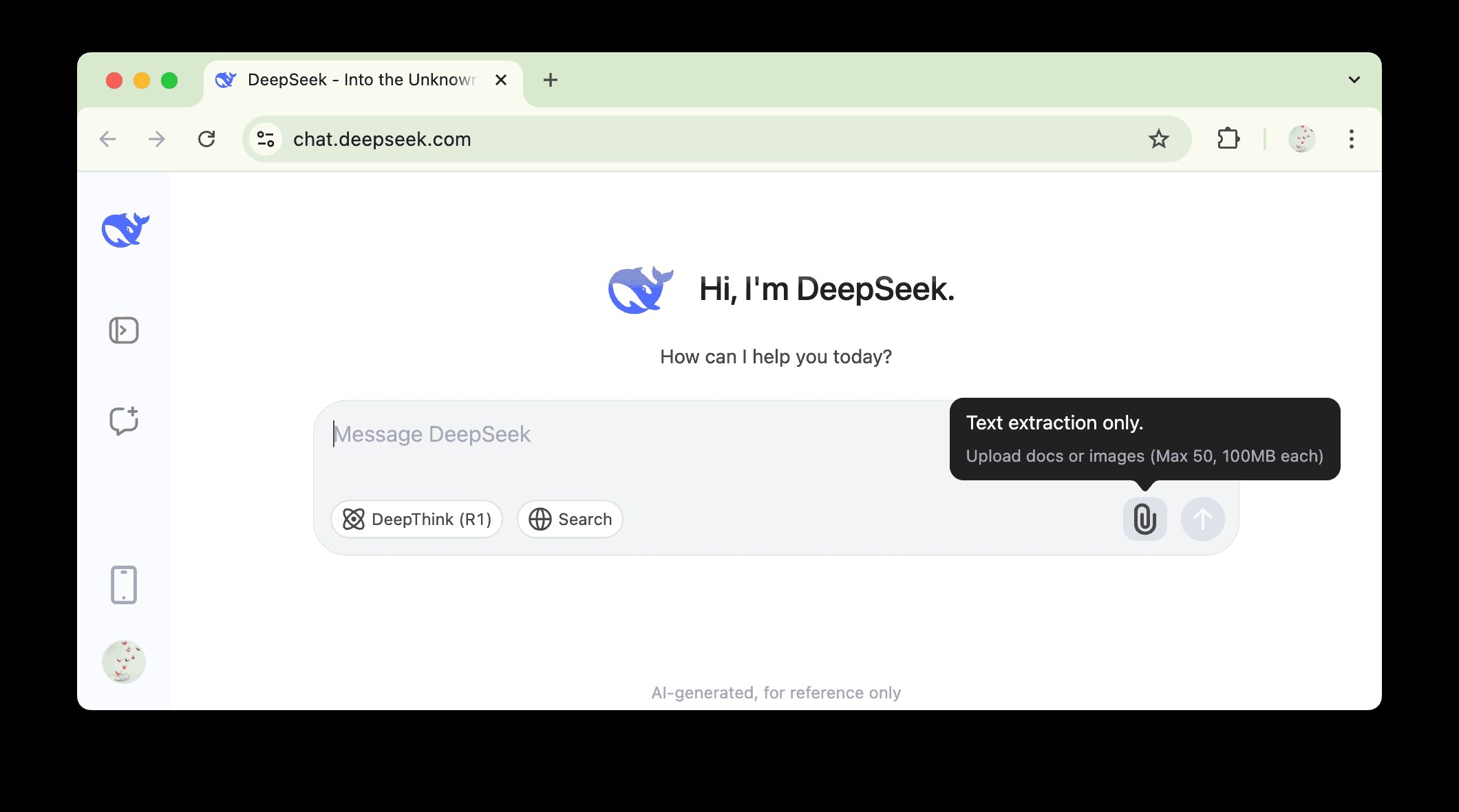Интерфейс DeepSeek в браузере с адресной строкой chat.deepseek.com и полем сообщения
