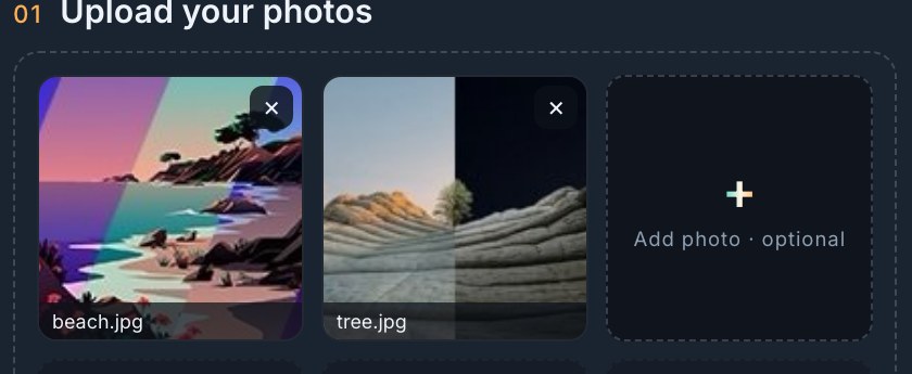 Панель загрузки на aicombinerimage.app с двумя моими файлами beach.jpg и tree.jpg