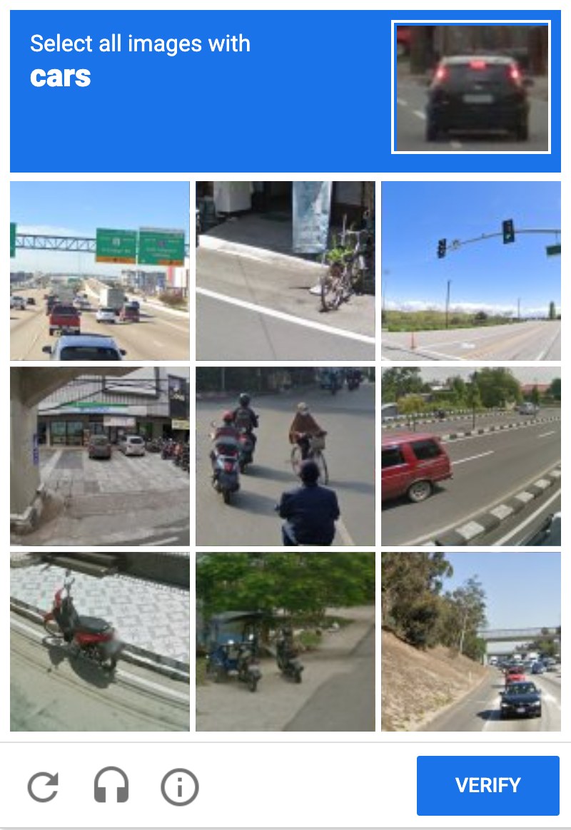 Картиночная проверка человека reCAPTCHA с заданием выбрать все фото с машинами