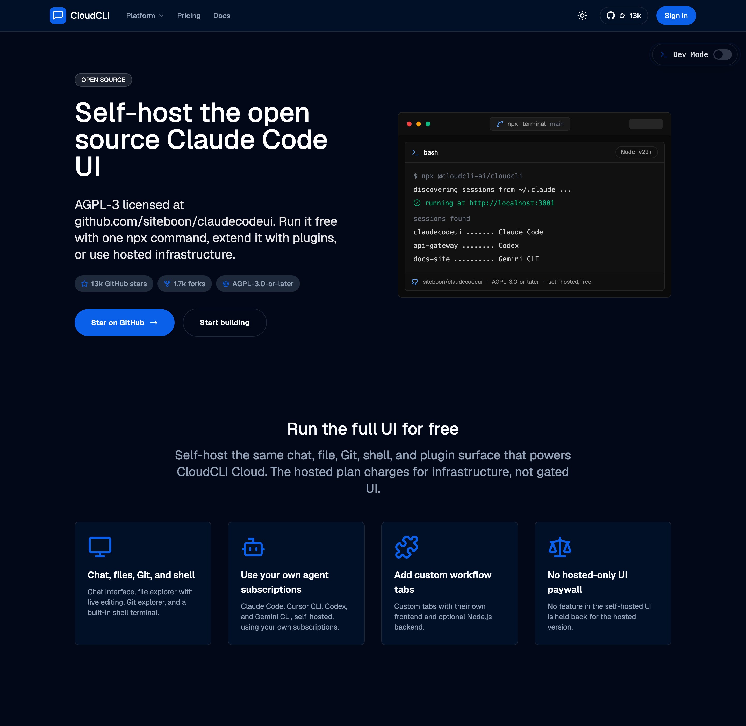 Домашняя страница CloudCLI: открытый веб-интерфейс Claude Code, установка одной командой npx