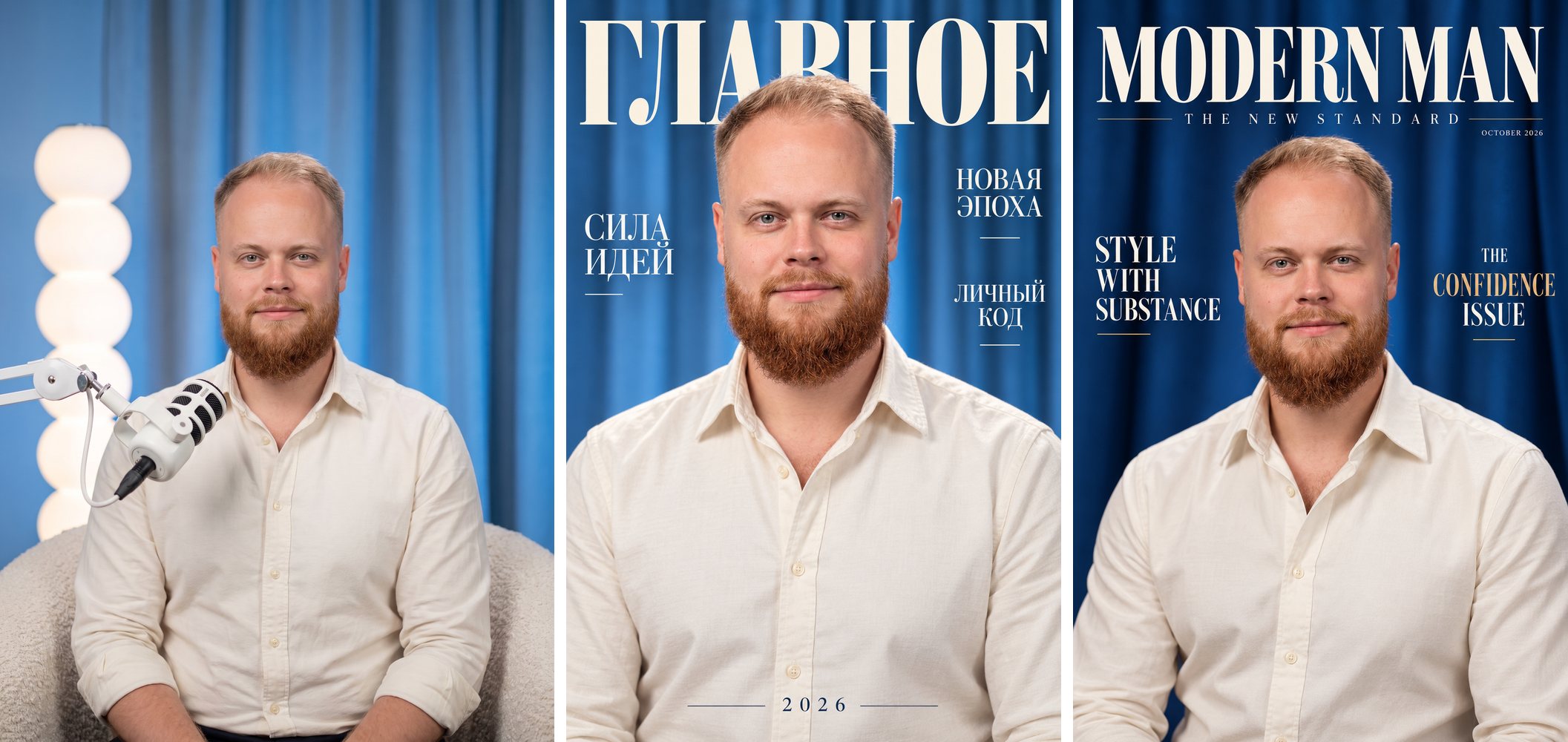 Три кадра: мой портрет у микрофона, обложка ГЛАВНОЕ с анонсами по-русски и обложка MODERN MAN на английском