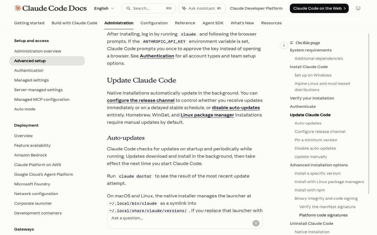 Официальная страница документации Anthropic с разделом Update Claude Code
