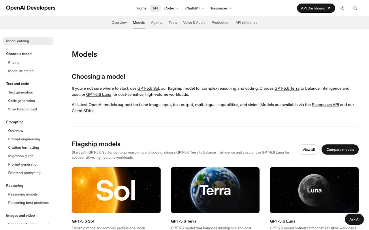Официальная документация моделей OpenAI, платформа platform.openai.com, показывает линейку GPT-5.6 Sol, Terra и Luna