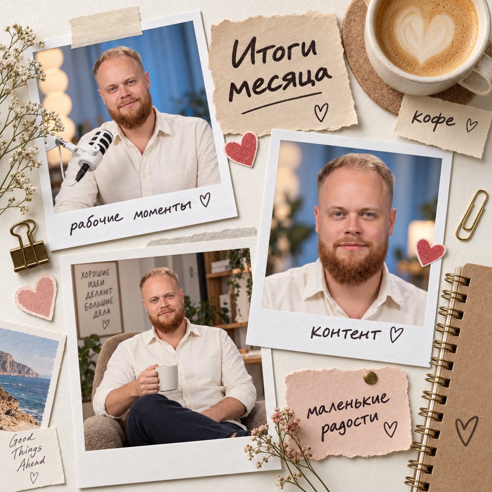 Коллаж «Итоги месяца» из одного моего фото: три полароида в разных позах, кофе и подписи от руки