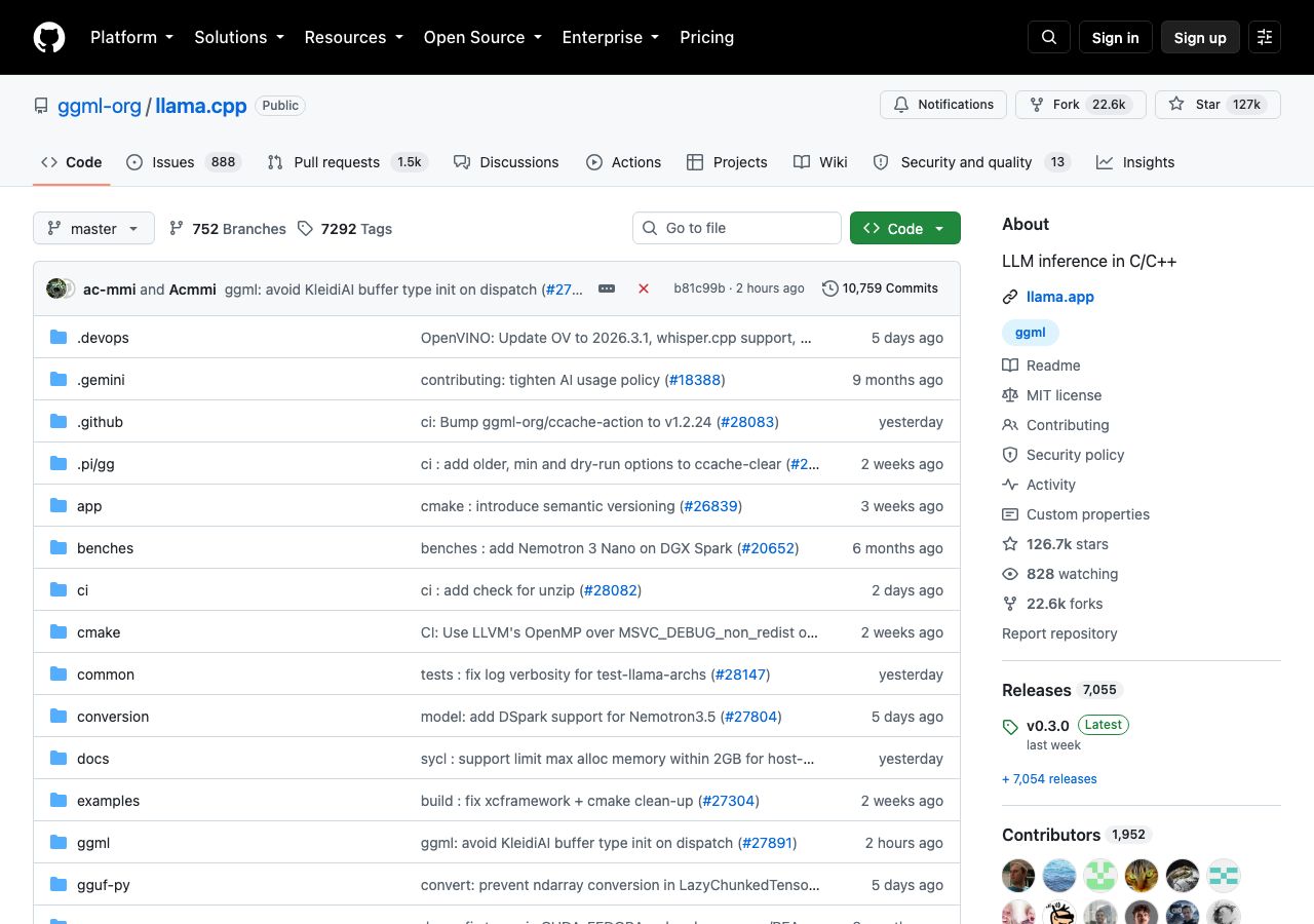 Официальная страница проекта llama.cpp - открытый исходный код с 126 тысячами отметок и лицензией MIT