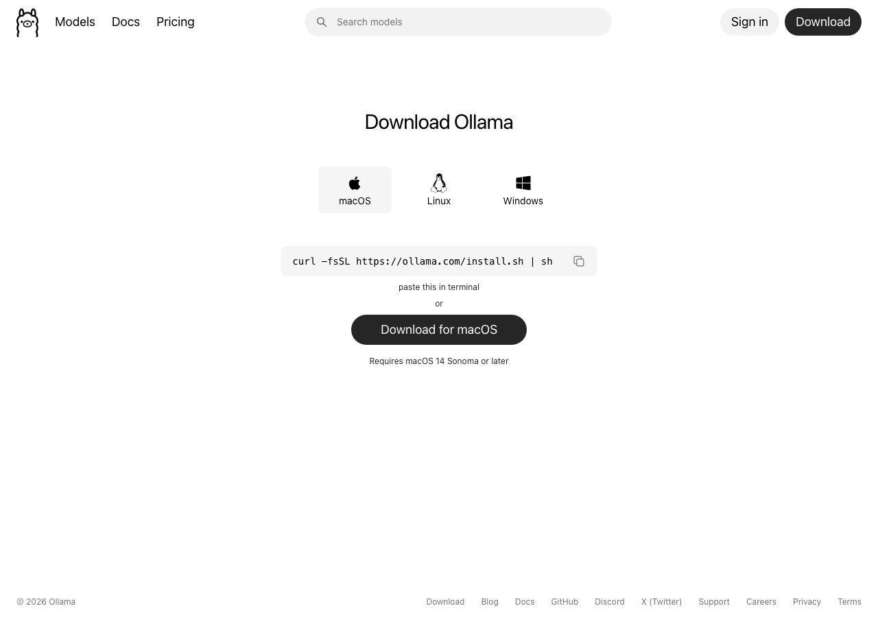 Официальная страница загрузки Ollama - три системы и одна команда установки в строке