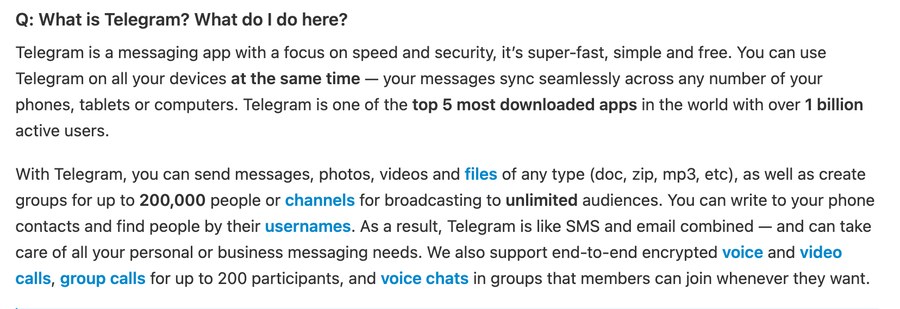 Ответ Telegram FAQ про размер сообществ: группа до 200 000 человек, у канала аудитория unlimited