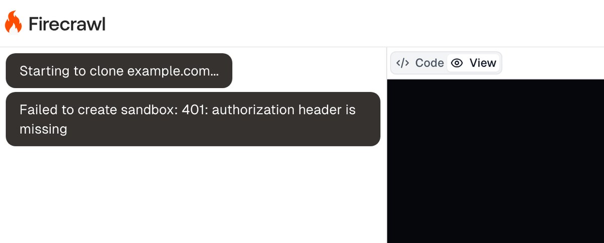 Экран сборки без ключей: в чате Starting to clone example.com и Failed to create sandbox 401, справа пустое окно View