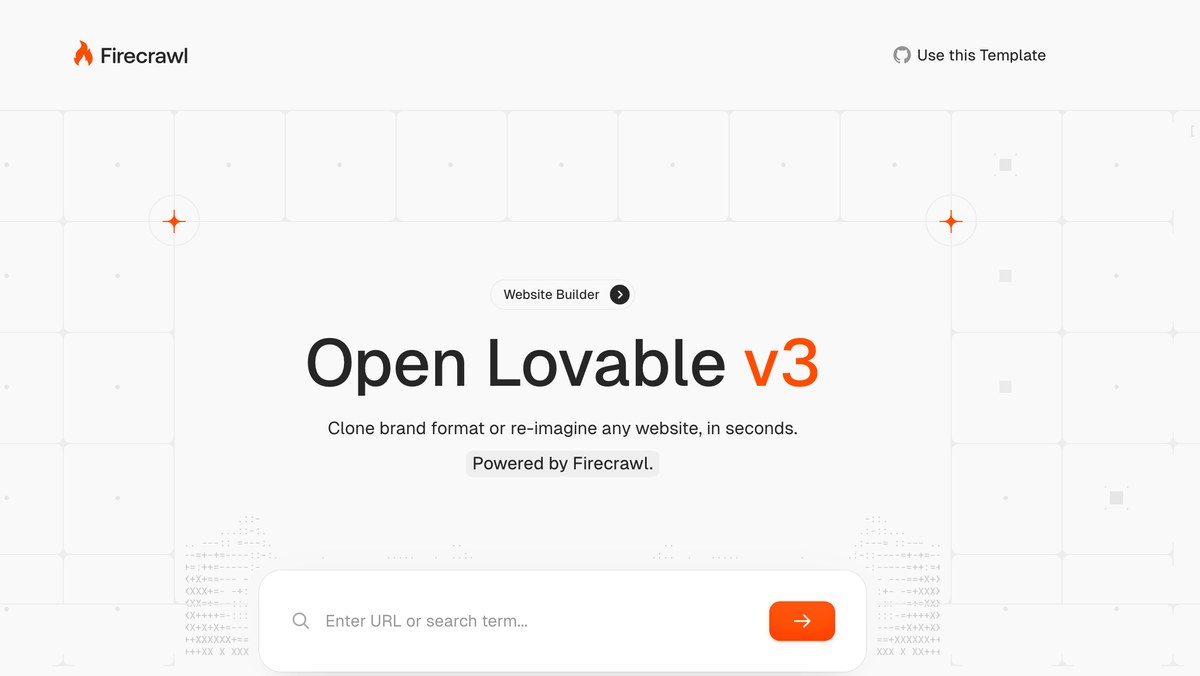 Главная Open Lovable v3 на localhost: логотип Firecrawl, заголовок, подпись Powered by Firecrawl и строка ввода ссылки
