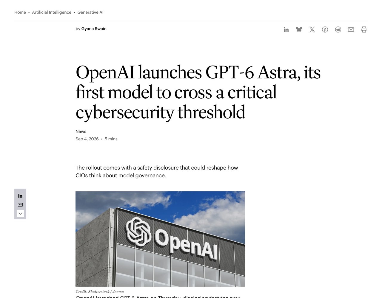 Материал CSO Online про то, что GPT-6 Astra стала первой моделью OpenAI, пересёкшей критический порог кибербезопасности