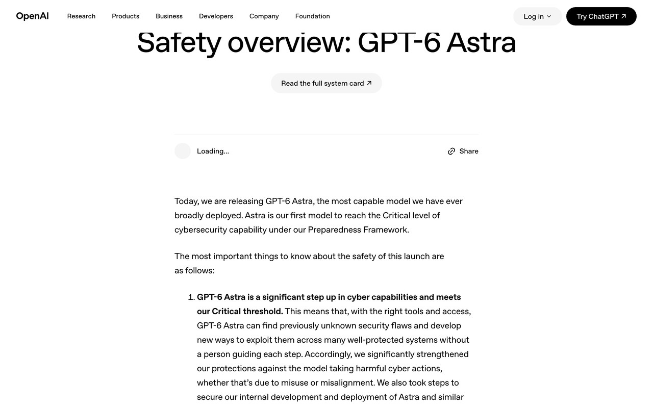 Официальная страница OpenAI Safety overview GPT-6 Astra с формулировкой порога Critical по кибербезопасности