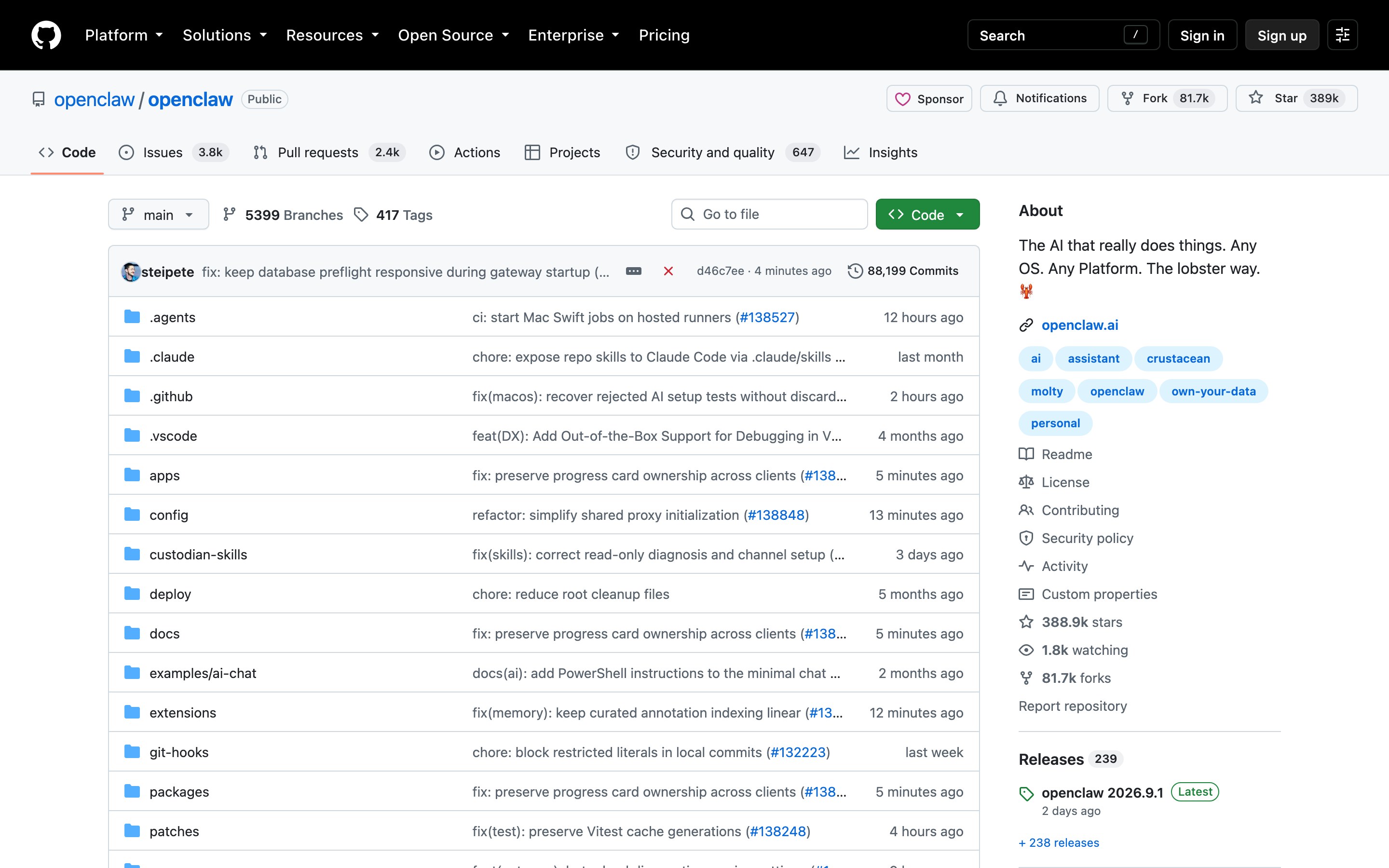 Карточка проекта OpenClaw на GitHub с последним релизом 2026.9.1
