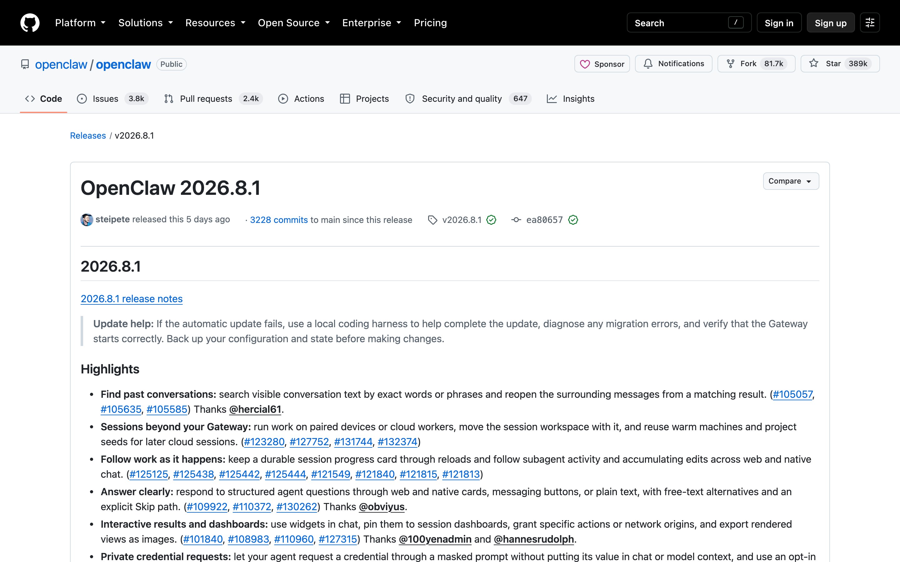 Страница релиза v2026.8.1 на GitHub со списком главных изменений