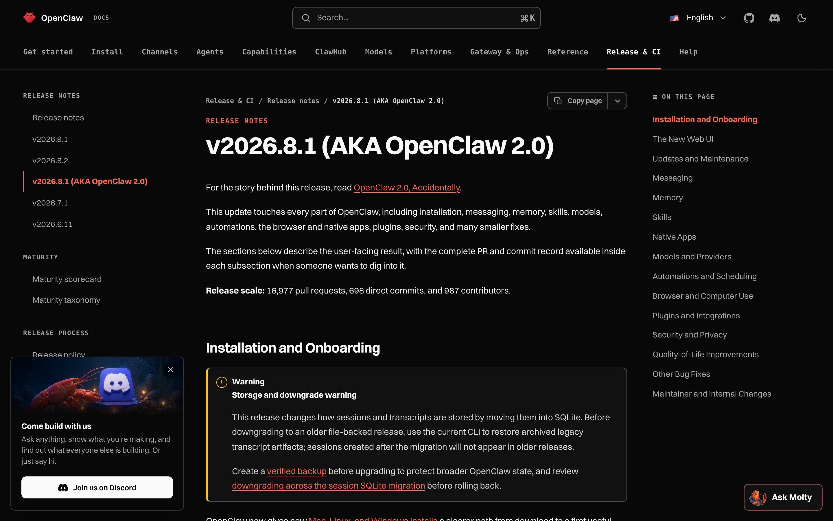 Официальная страница релиз-ноутов OpenClaw: заголовок v2026.8.1, известный как OpenClaw 2.0