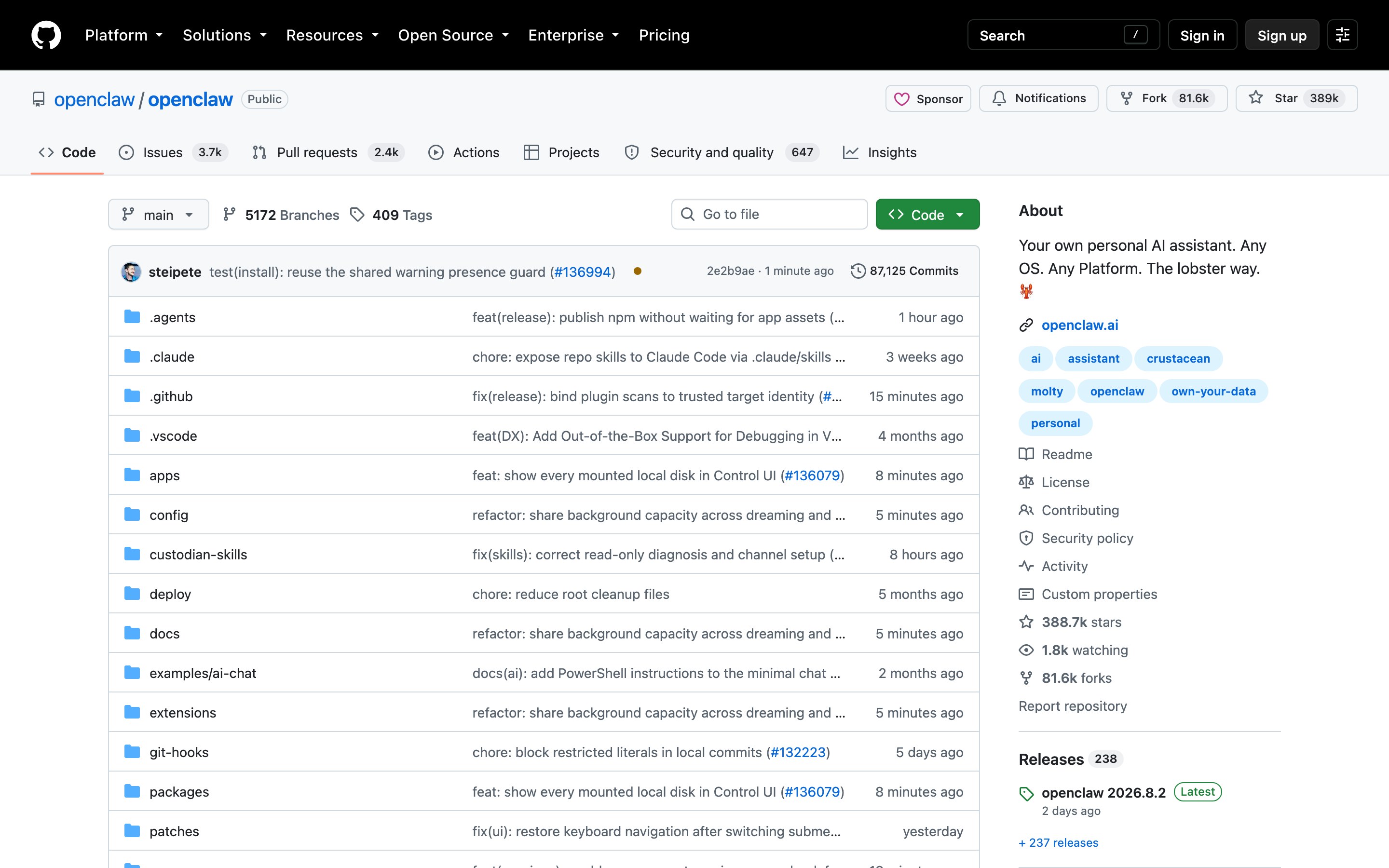 Карточка проекта OpenClaw на GitHub: 388672 звезды, лицензия MIT и последний релиз 2026.8.2