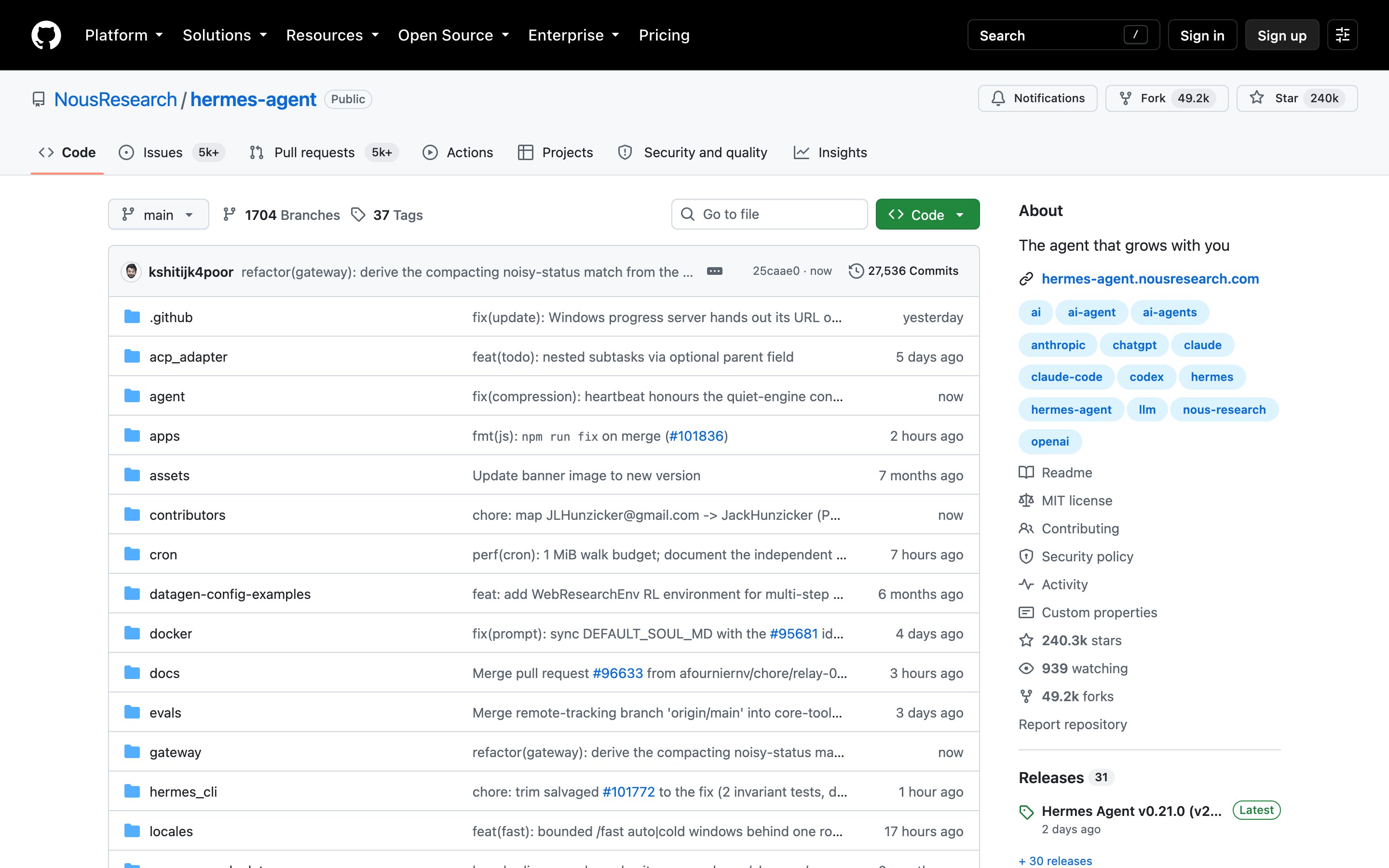 Карточка проекта Hermes Agent на GitHub: 240282 звезды и релиз v0.21.0