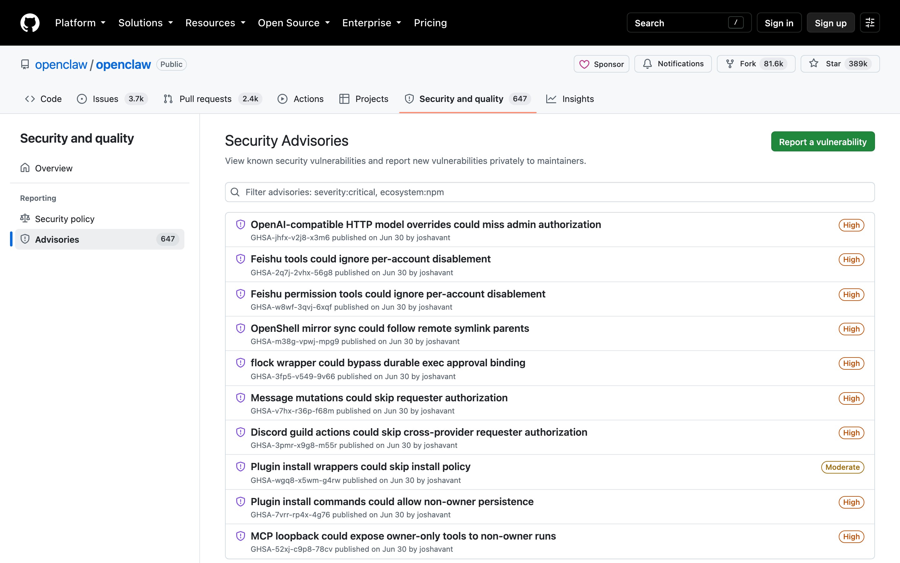 Страница Security Advisories репозитория OpenClaw: счётчик 647 опубликованных советов по безопасности