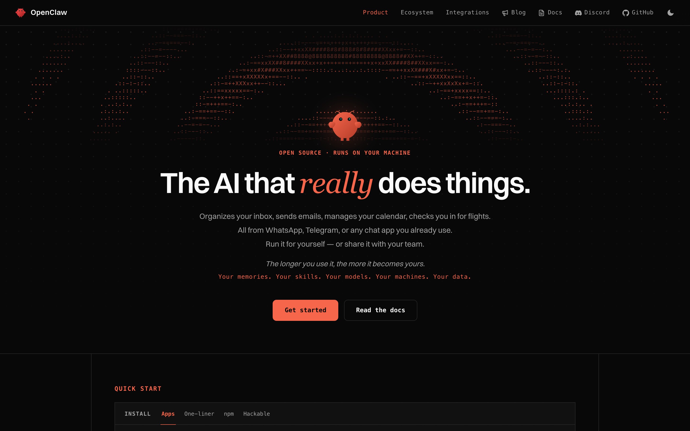 Официальная главная страница OpenClaw: заголовок The AI that really does things