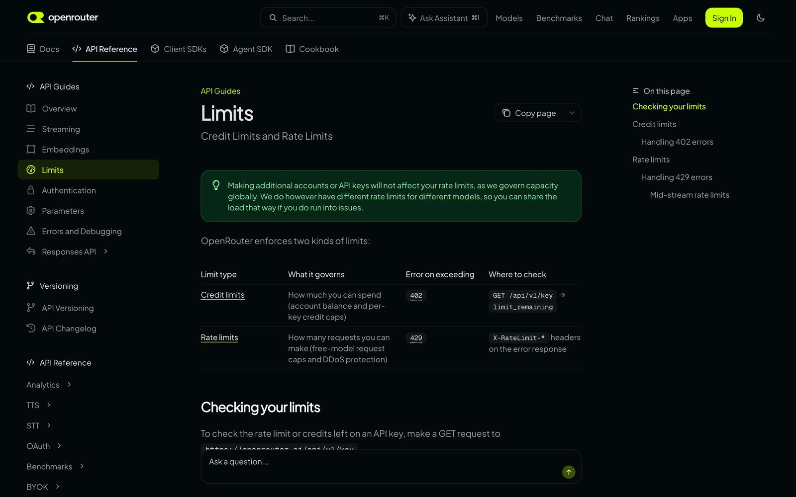 Официальная страница лимитов OpenRouter: кредитные лимиты и лимиты частоты запросов в одной таблице