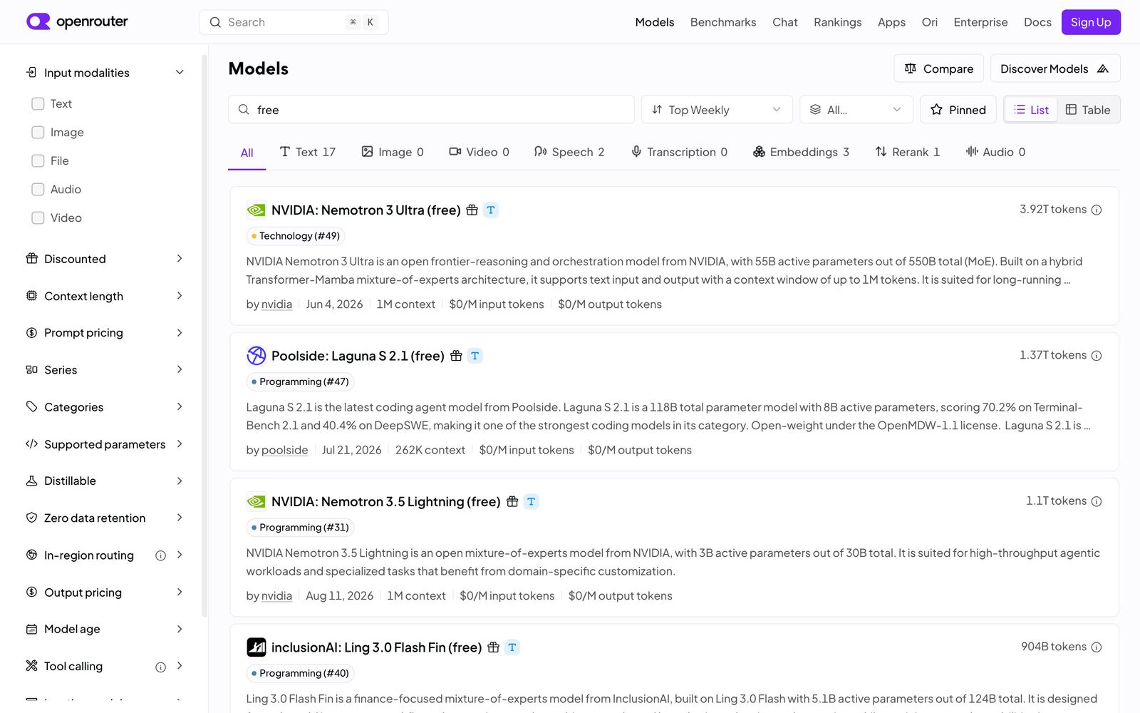 Каталог моделей OpenRouter, поиск по слову free: карточки моделей с пометкой free и нулевой ценой