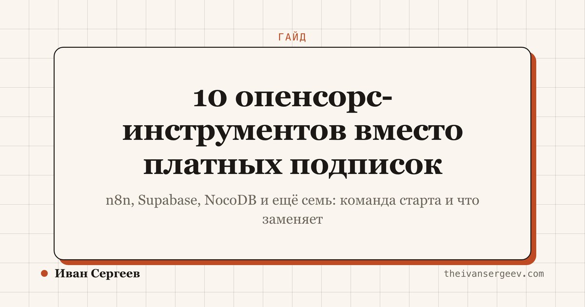 Обложка гайда: заголовок «10 опенсорс-инструментов вместо платных подписок», подпись Иван Сергеев