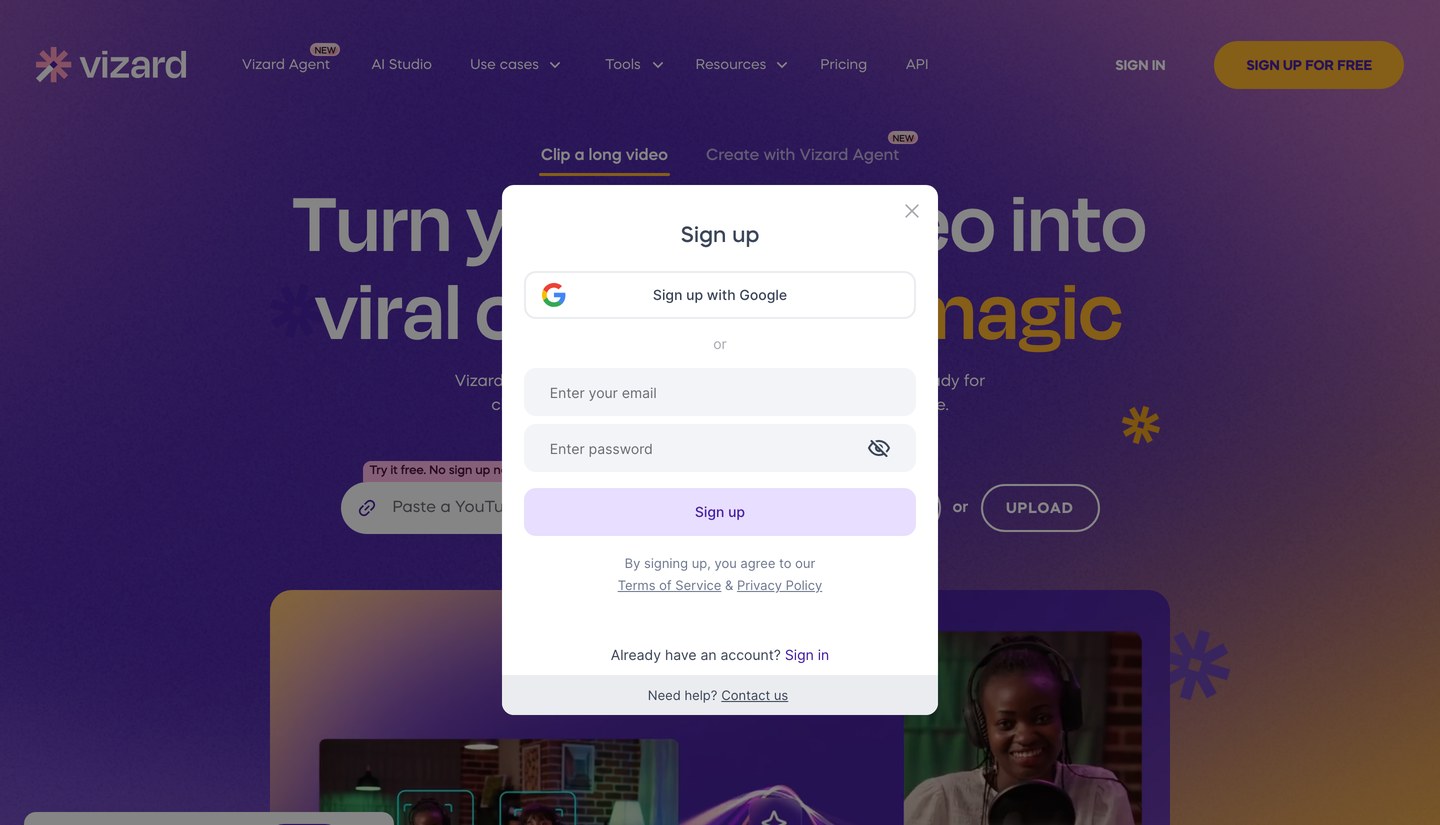 Окно регистрации vizard.ai: кнопка Sign up with Google и поля email и пароль