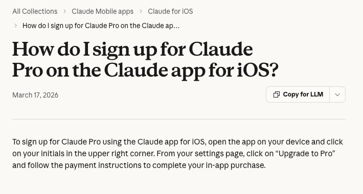Справка Claude про оформление подписки Pro в приложении для iOS через встроенную покупку