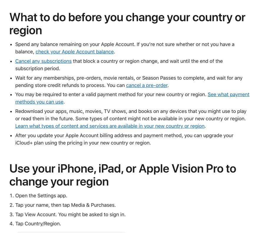 Официальная страница Apple со списком требований перед сменой страны учётной записи и путём по меню на iPhone