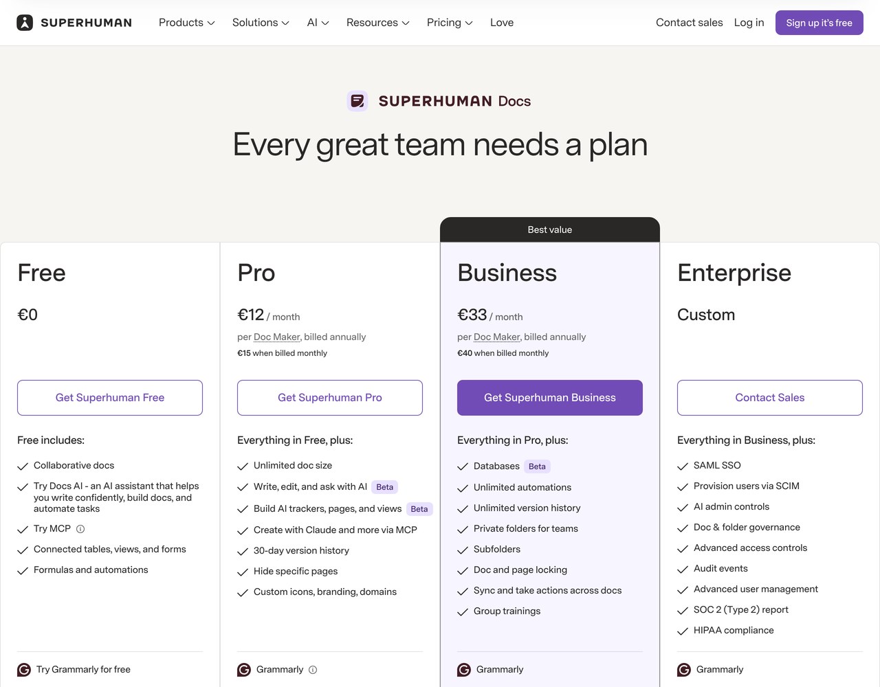 Официальная страница тарифов Superhuman Docs с карточками планов Free, Pro, Business, Enterprise и ценами
