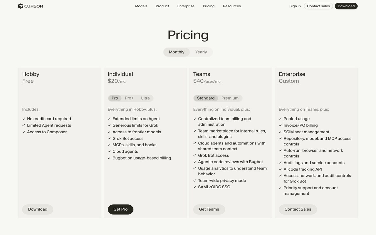 Страница тарифов cursor.com с карточками Hobby, Individual, Teams, Enterprise и ценами в долларах