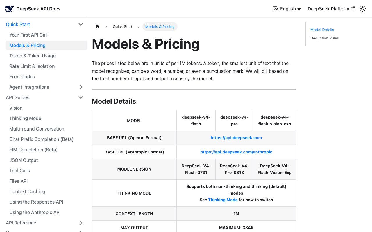 Официальная страница «Models & Pricing» документации DeepSeek API с заголовком и таблицей моделей