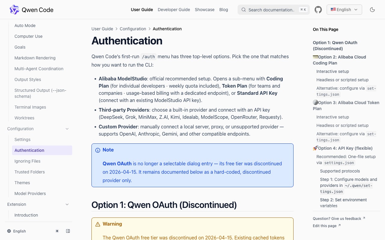 Официальная страница документации Qwen Code, раздел Authentication с тремя способами подключения