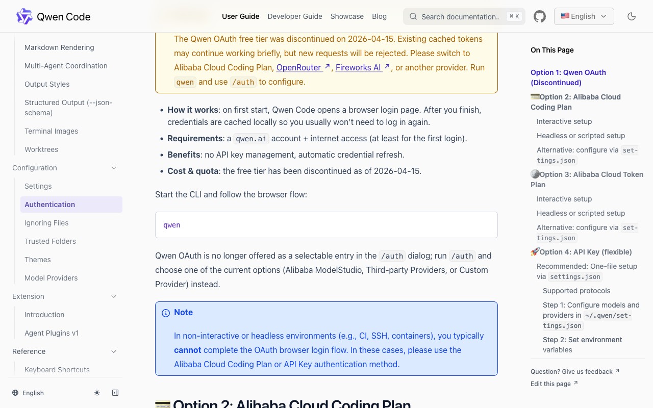 Официальная документация Qwen Code с командой qwen и подсказкой запустить /auth для выбора Alibaba Cloud Coding Plan