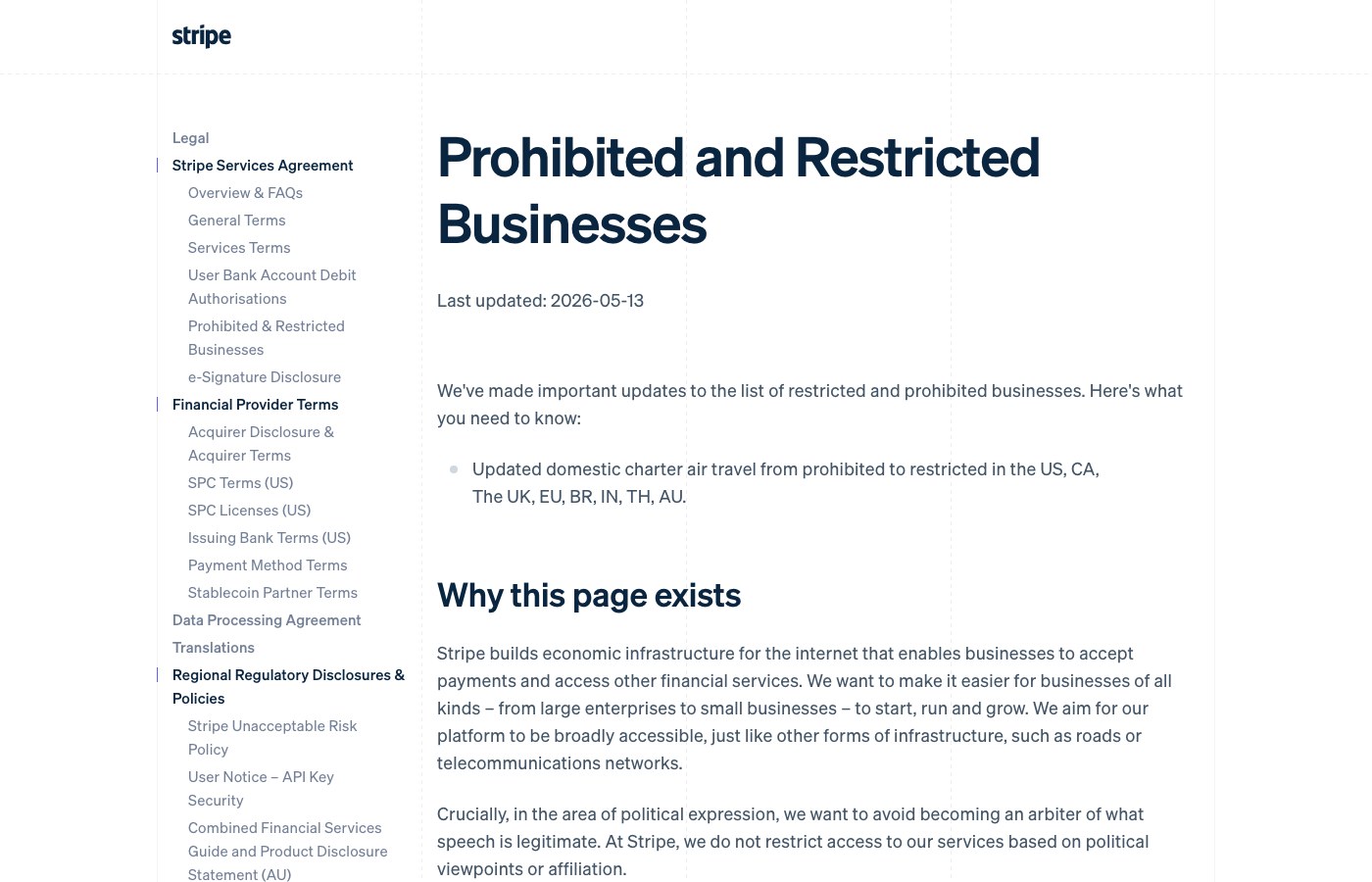 Официальная страница политики Stripe об ограниченных бизнесах и странах для платежей
