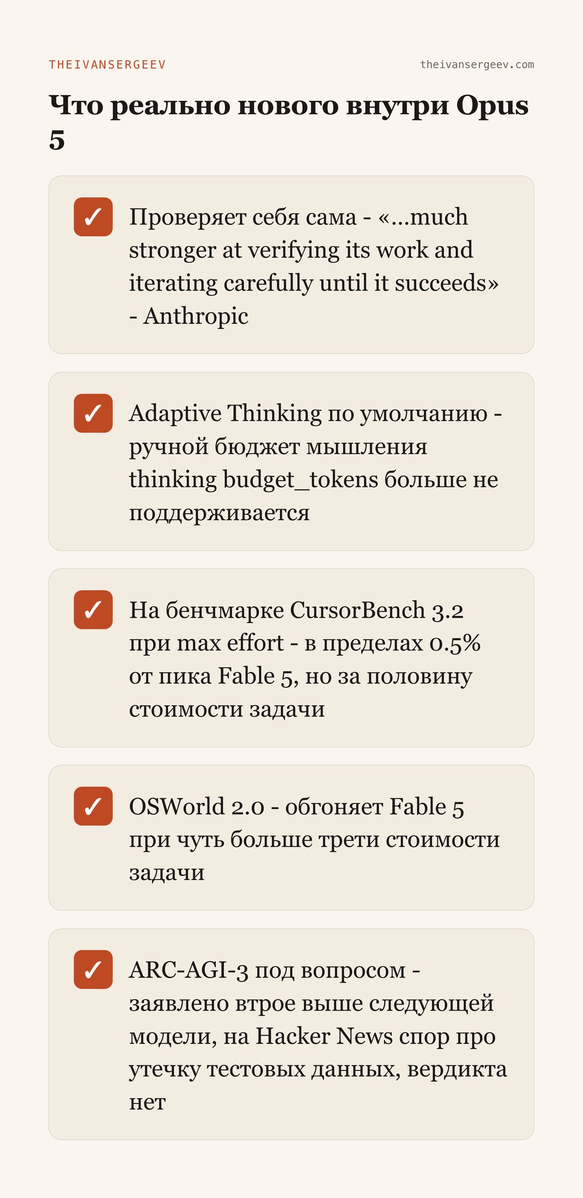 Список ключевых изменений Opus 5: самопроверка, adaptive thinking, результаты трёх бенчмарков