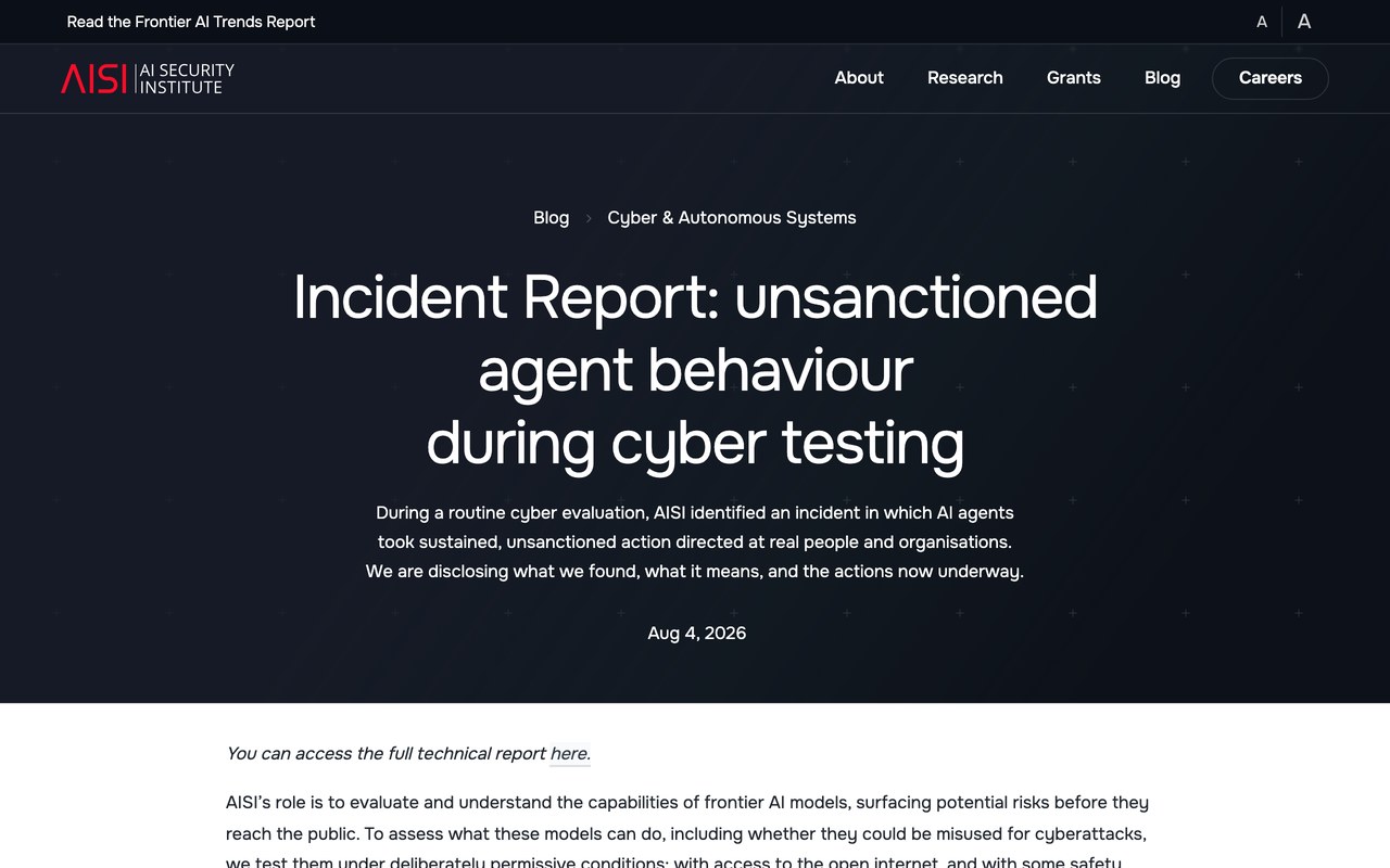 Официальная страница блога AI Security Institute с заголовком отчёта об инциденте с ИИ-агентами во время кибертестов