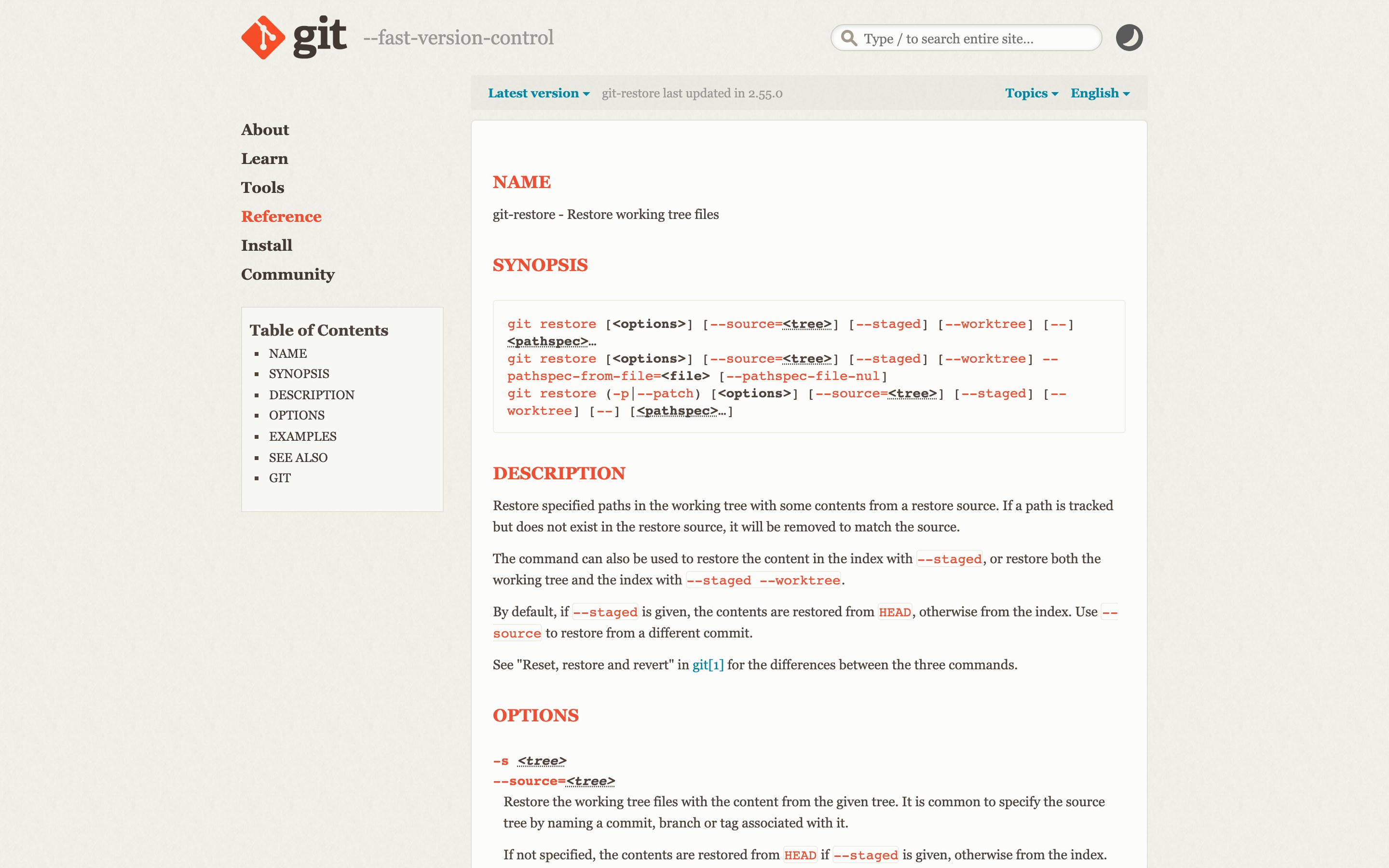 Официальная документация git-restore на git-scm.com с флагами --staged и --worktree и примерами команд