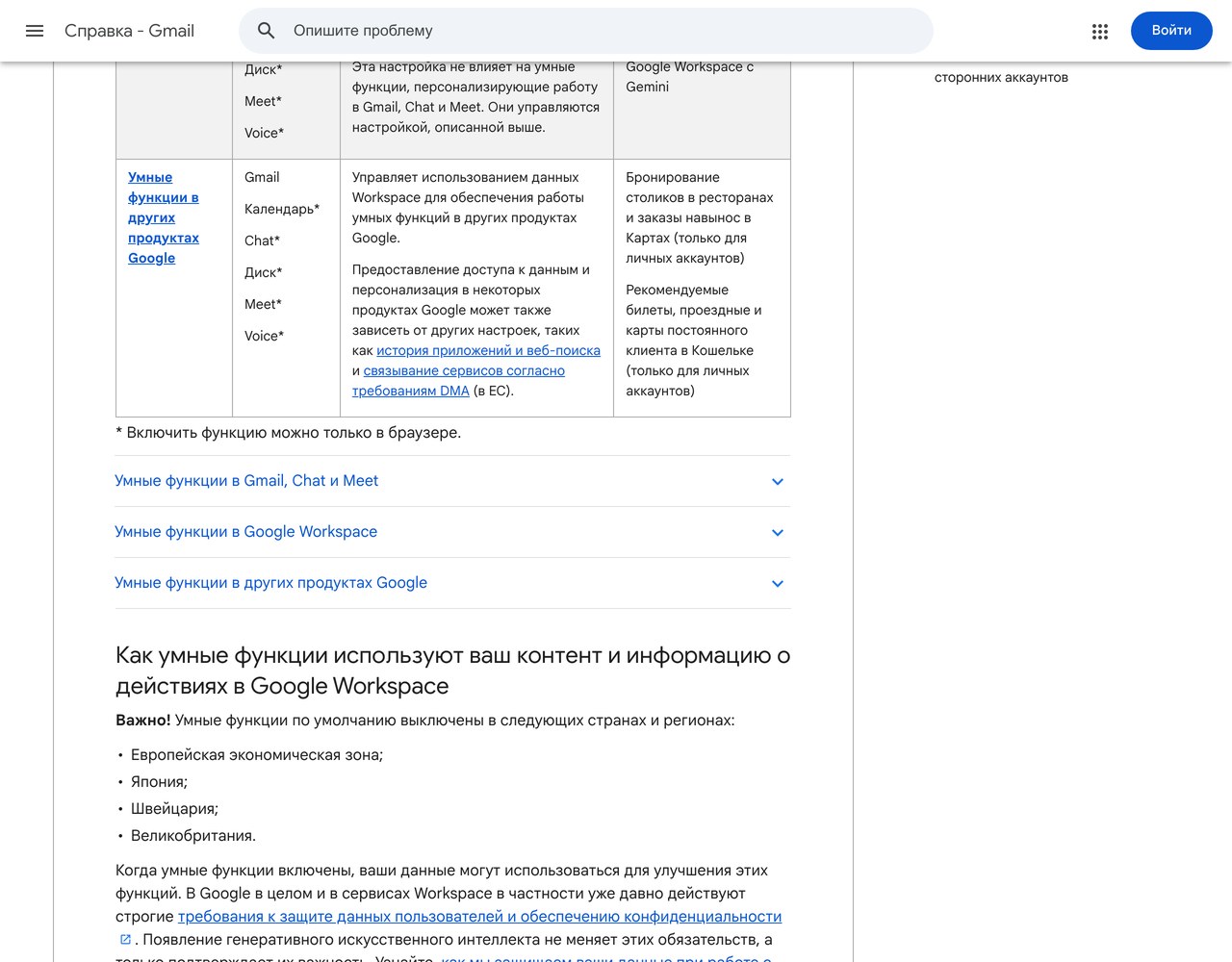 Официальная справка Google - таблица регионов, где умные функции выключены по умолчанию