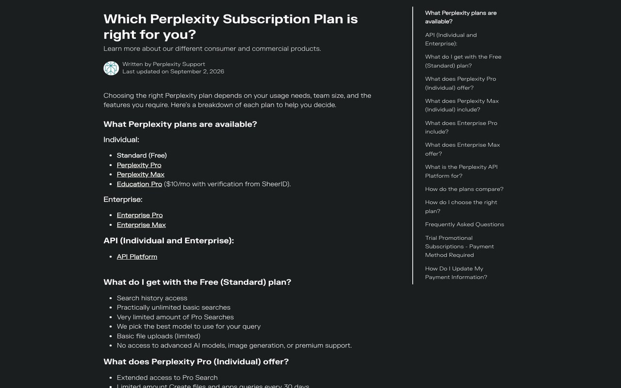 Официальная справка Perplexity со списком тарифов Standard, Pro, Max и Education Pro
