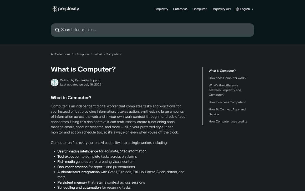 Справка Perplexity Help Center, статья «What is Computer?», Written by Perplexity Support