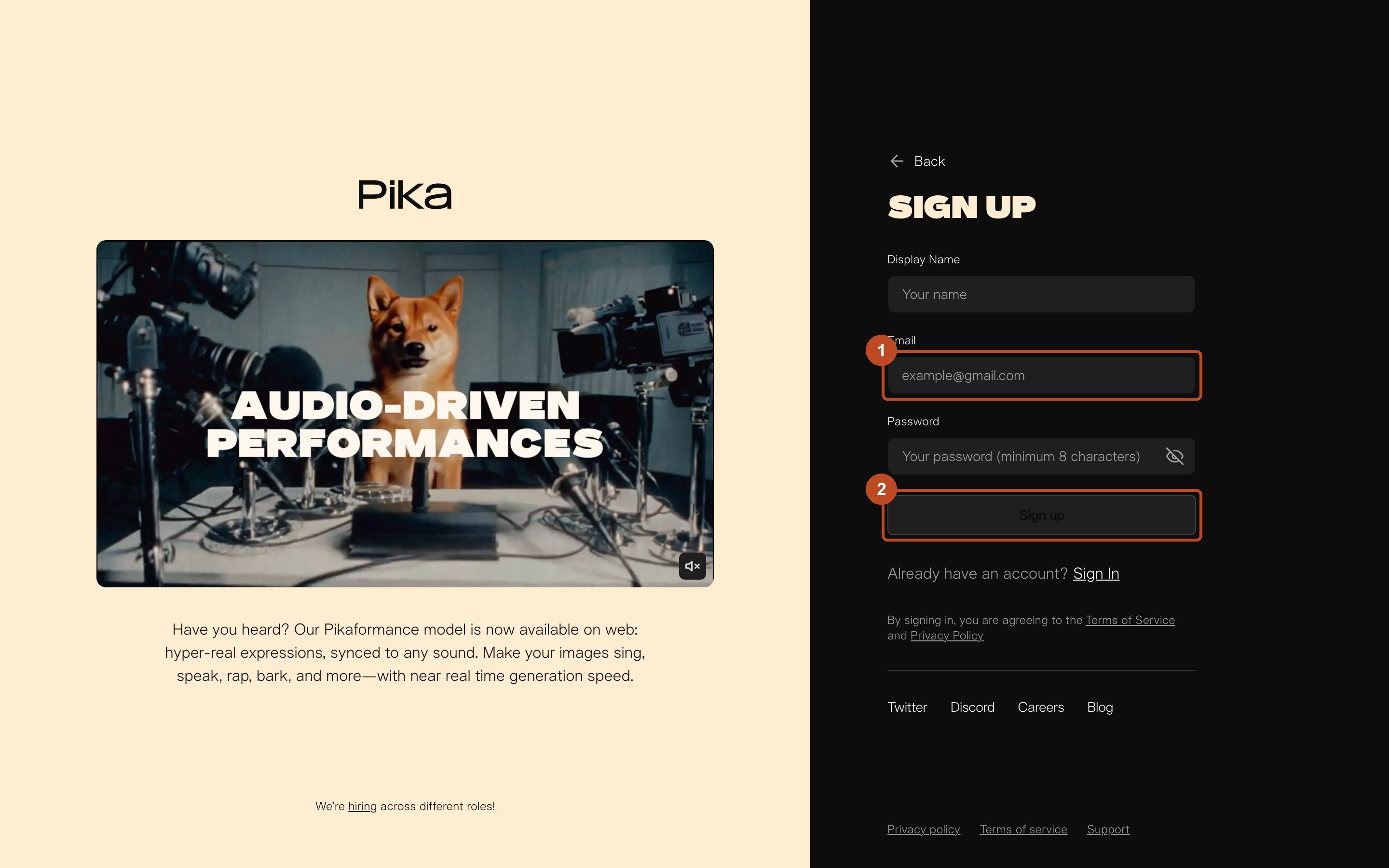 Форма регистрации pika.art: поле Email отмечено цифрой 1, кнопка отправки формы цифрой 2