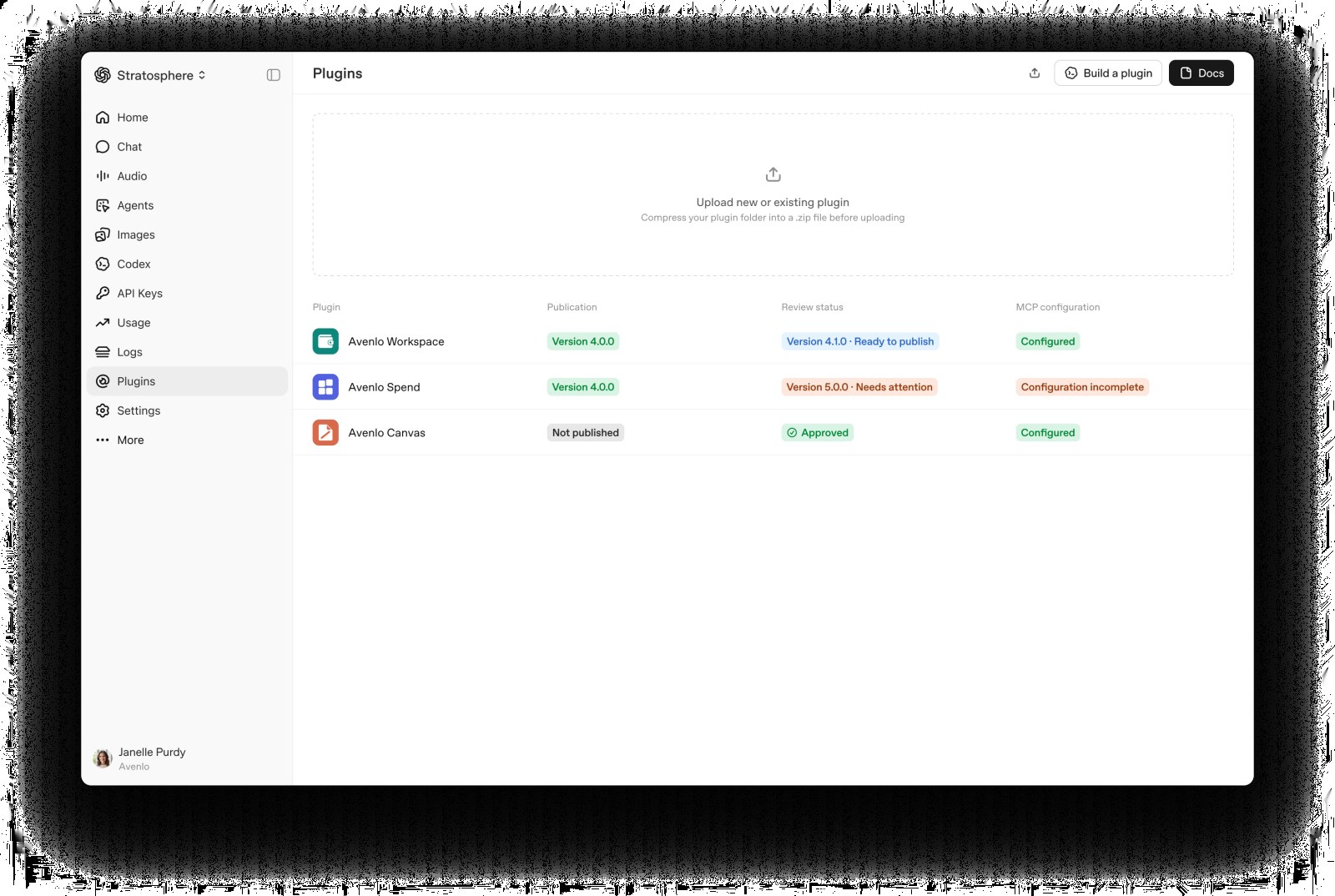 Раздел Plugins в кабинете OpenAI: поле загрузки ZIP с приложением и статусы проверки уже загруженных