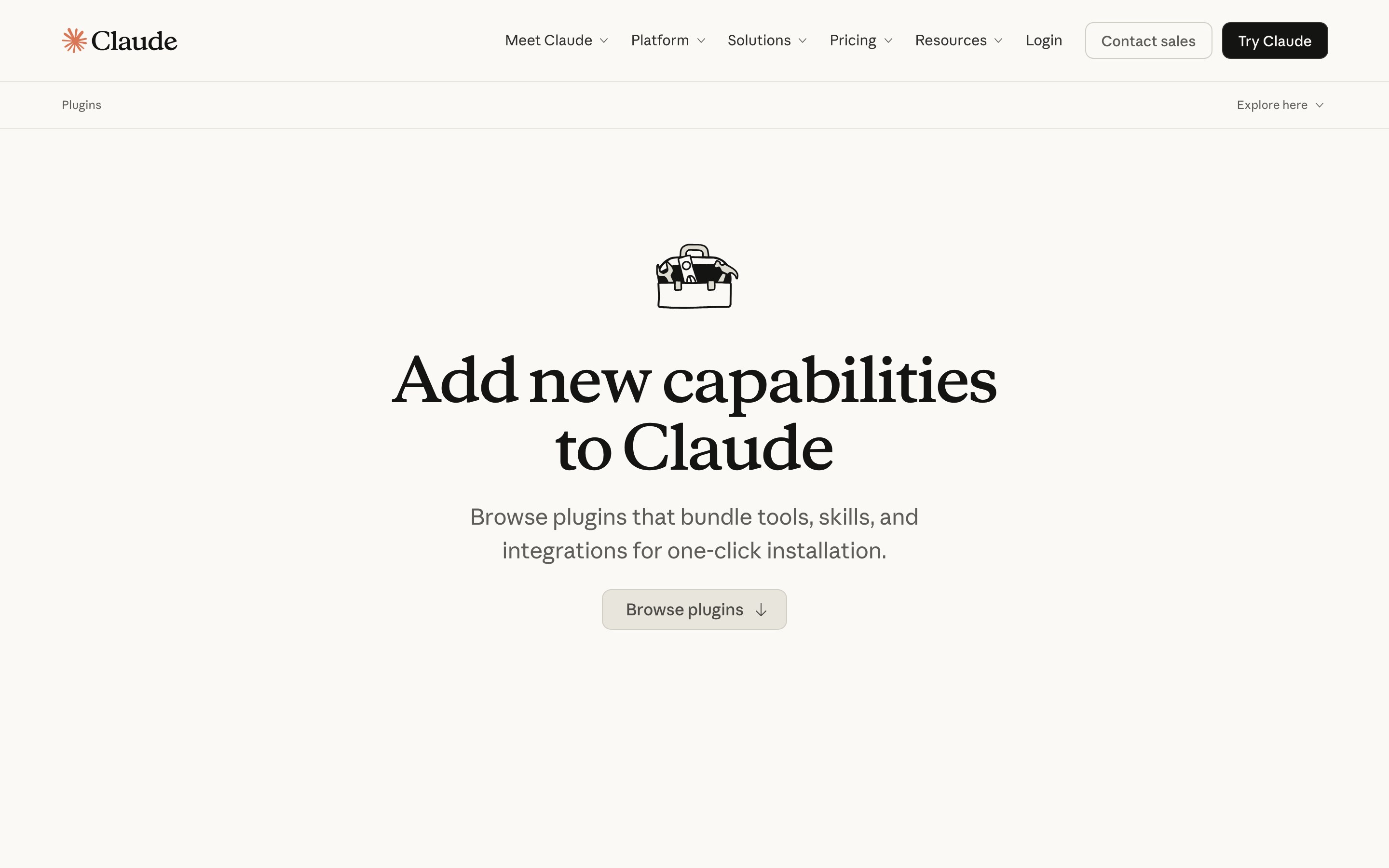 Официальный каталог плагинов claude.com/plugins с кнопкой Browse plugins
