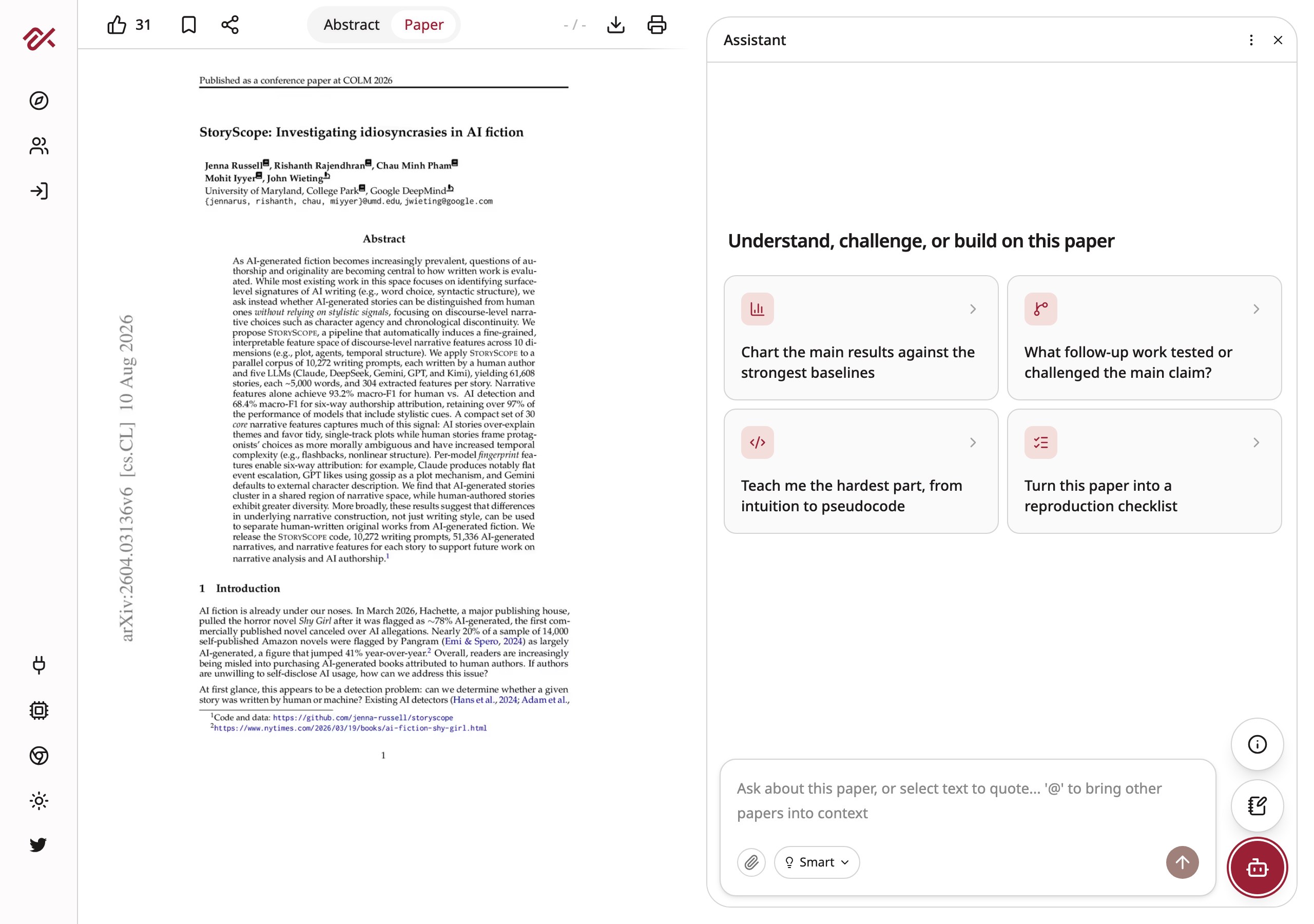 Вкладка Paper на странице StoryScope, где открыт полный текст работы с абстрактом и введением