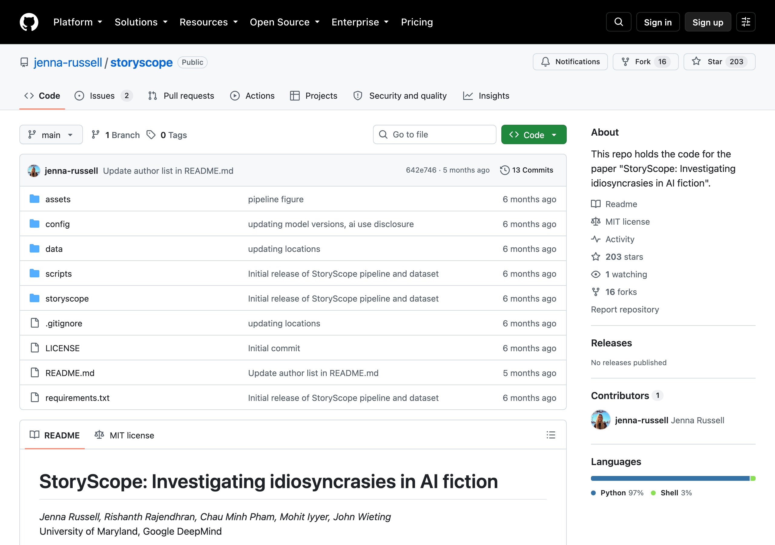 Репозиторий кода StoryScope на GitHub, в README указаны авторы и институции UMD и Google DeepMind