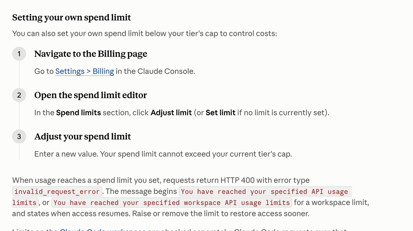 Документация Claude: свой лимит трат в три шага через Settings > Billing и Adjust limit