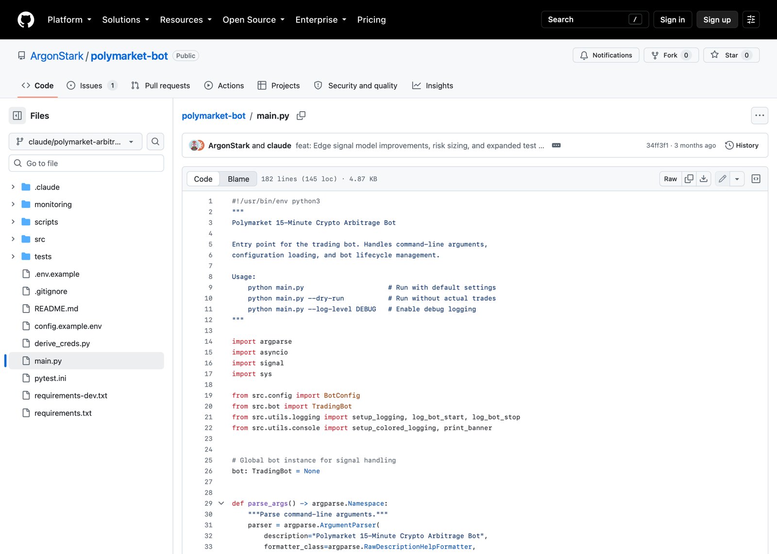 Файл main.py репозитория polymarket-bot открыт на GitHub, виден код запуска бота