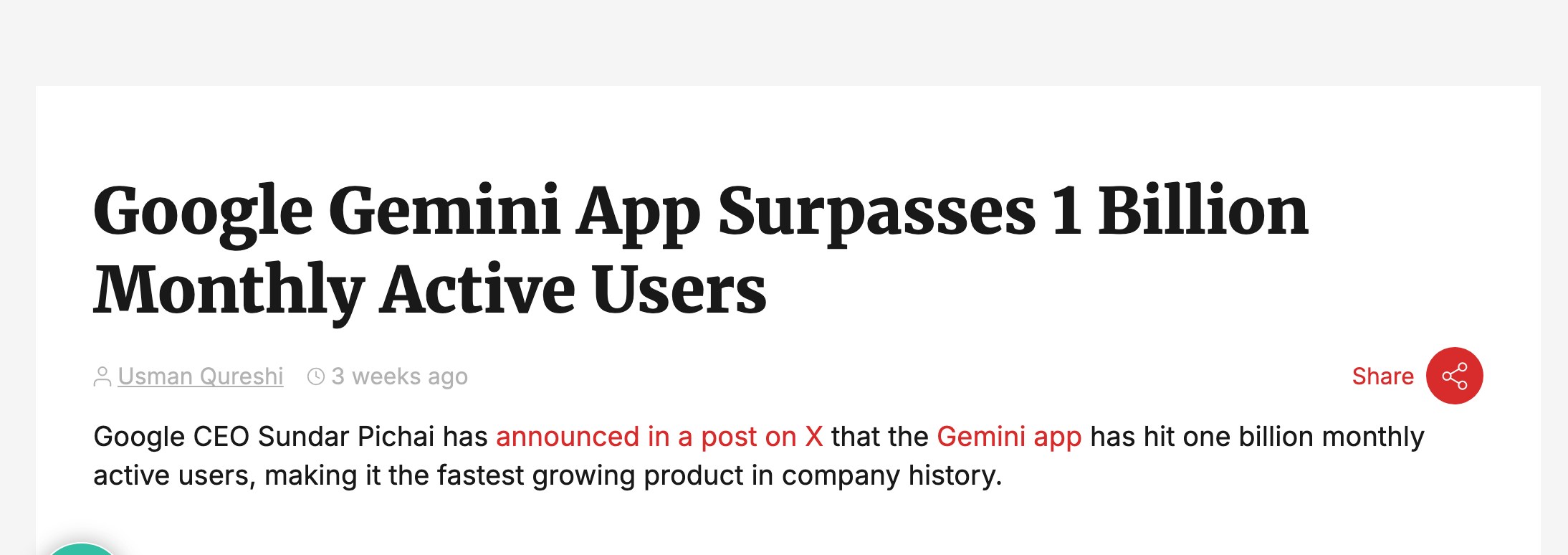 Публикация независимого издания о поквартальном росте аудитории Gemini до миллиарда пользователей